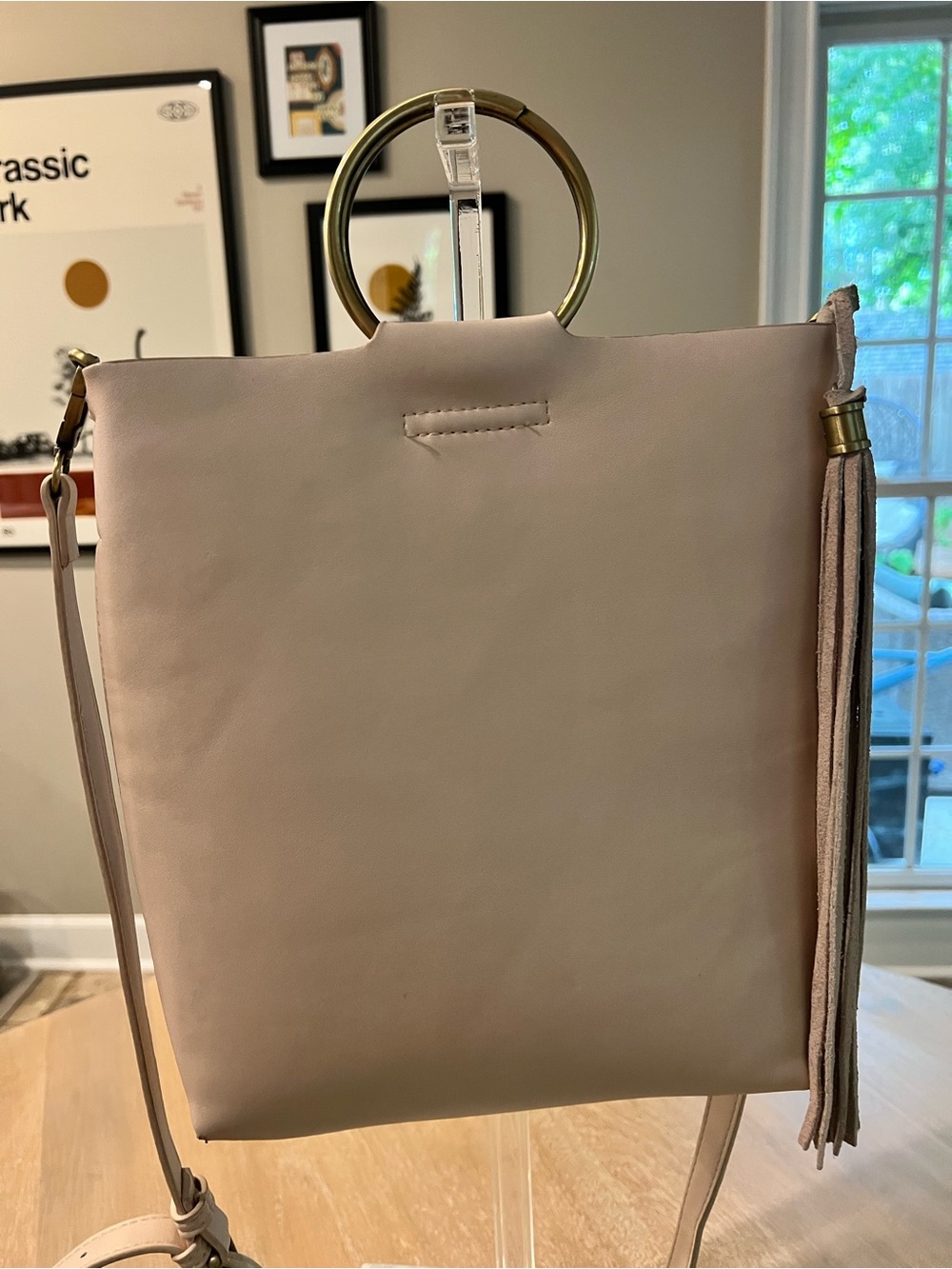 Women's Anthropologie Blush Pink Crossbody Bag with Gold Ring Handles